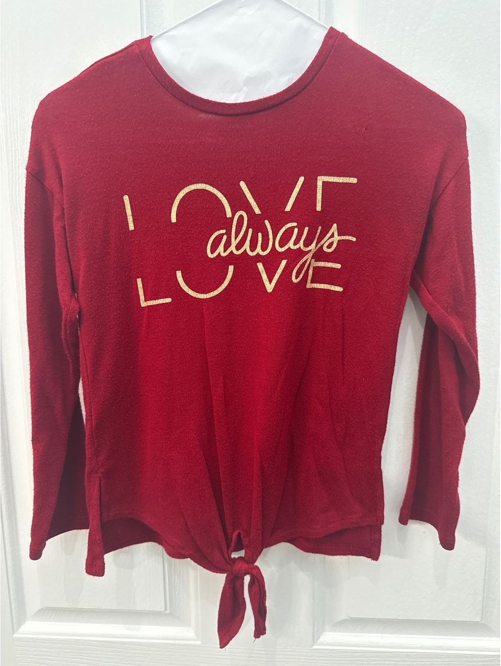 True Craft Women's 6X Red Long Sleeve Tie-Front Top with 'Always Love' Graphic